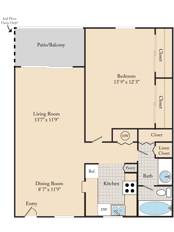 Floor plan for 1 bed, 1 bath, 725 sqft